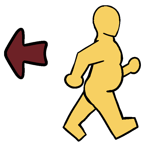 A fat yellow person walking with an arrow behind them, pointing behind them.